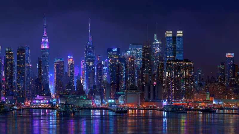 The New York City skyline reflected on the water at night